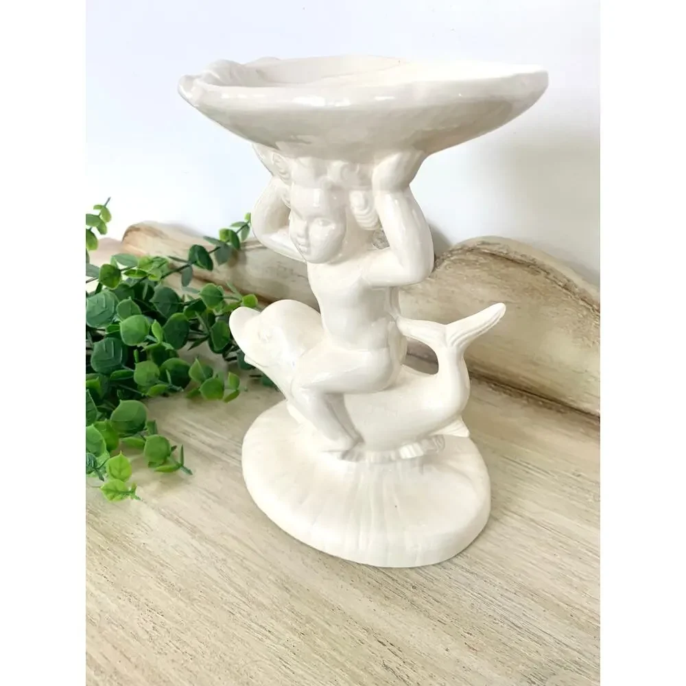 Vintage Cherub Dolphin Shell Compote Pedestal Bowl Pearlized Ceramic Coastal